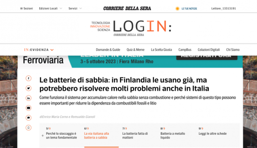 LogIn Corriere della sera: Le batterie di sabbia: in Finlandia le usano già, ma potrebbero risolvere molti problemi anche in Italia